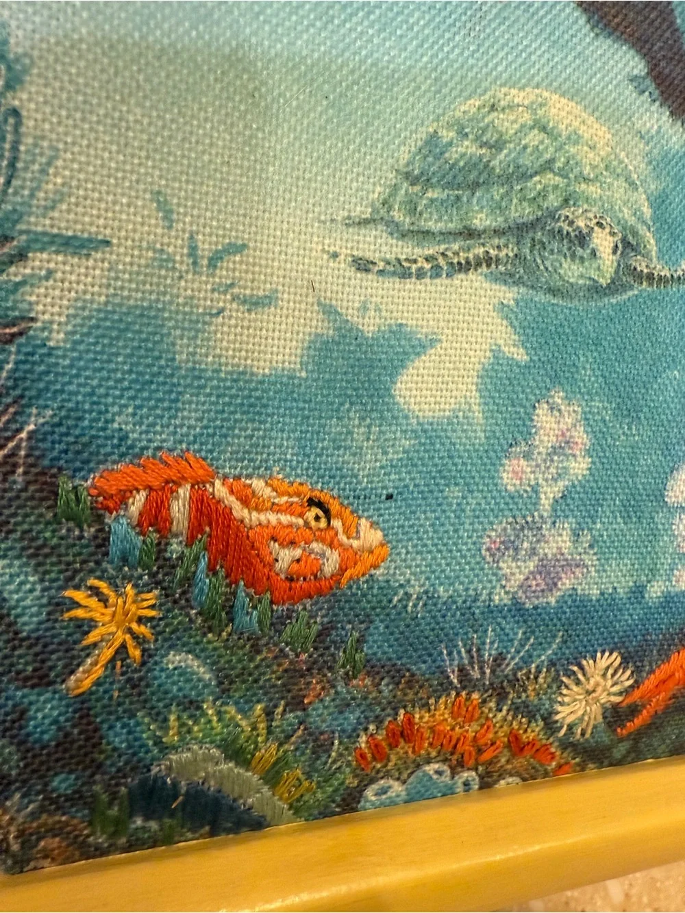 Unique Tropical Fish Reef Needle Point Embroidered Wall Art in Blue and Yellow